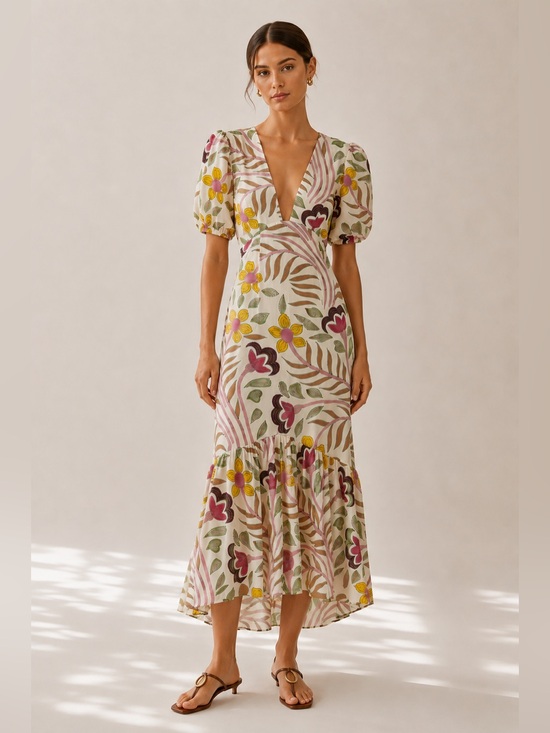 RHODE Dresses & Skirts - RHODE Ester Thread Embroidery Print Floral Puff Sleeve Maxi Dress. Size 4